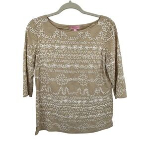 Lilly Pulitzer Yazmine Tunic Top Womens Size 6 Tan Embroidered Cotton Boat Neck